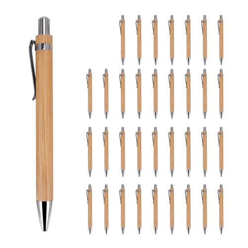 Steowsey 35 StüCk BüRo- und Schul Bedarf Nachhaltiger Kugelschreiber Stift Bambus Einziehbarer Kugelschreiber Stift Schreiben Werkzeug (Schwarze Tinte) von Steowsey