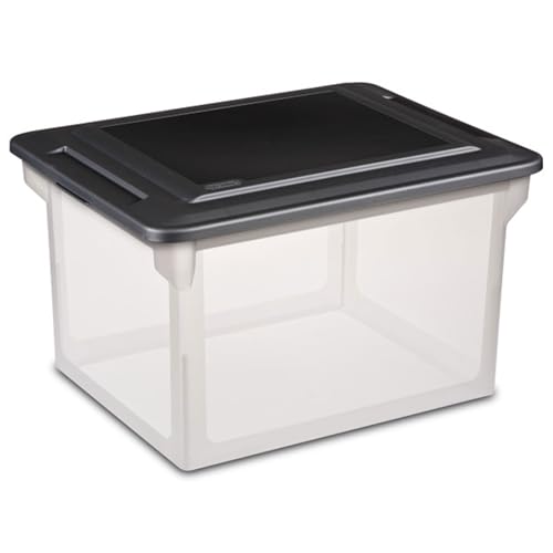 Sterilite Aktenbox, stapelbarer Aufbewahrungsbehälter mit Deckel, Kunststoffbehälter zum Organisieren von Steuern, Papieren im Haus, Büro, transparenter Boden mit schwarzem Deckel, 4er-Pack von Sterilite