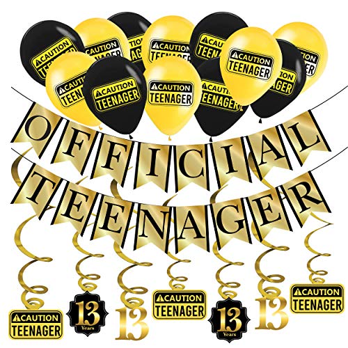 13. Geburtstag Dekorations Official Teenager (Englische Sprache) – Goldene & Schwarze Deko-Set Geburtstag und Spiralgirlande – Party Zubehör von Sterling James Co.