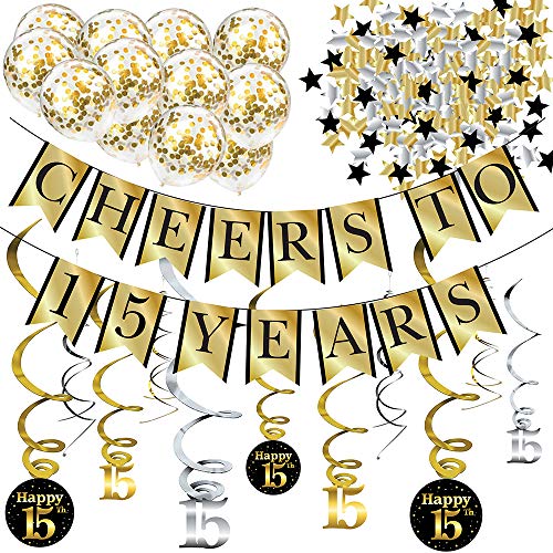 15. Geburtstag Party Dekorations-Set – Cheers to 15 Years Banner, Ballons, Wirbelgirlanden und Konfetti Partyzubehör für Geburtstage, Jahrestage und weitere Anlässe 15. Geburtstag Party Dekorations-Set – Cheers to 15 Years Banner, Ballons, Wirbelgirlanden und Konfetti Partyzubehör für Geburtstage, Jahrestage und weitere Anlässe von Sterling James Co.