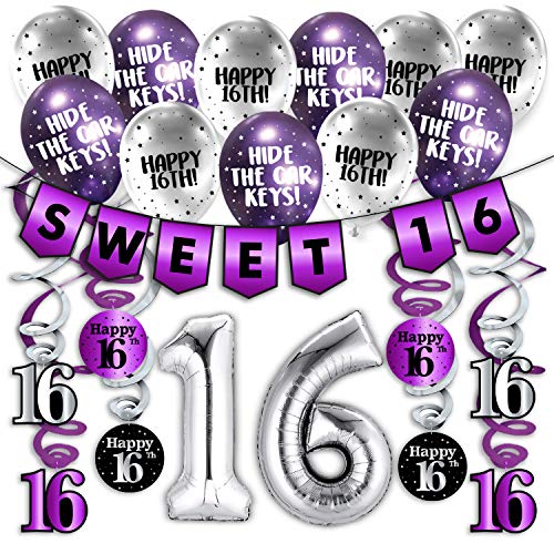 16. Geburtstag Dekorations Sweet 16 (Englische Sprache) – Lila & Silber Deko-Set Geburtstag, Luftballons und Spiralgirlande – Party Zubehör von Sterling James Co.