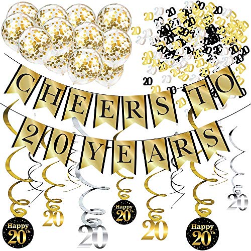 Sterling James Co. 20. Geburtstag Party Dekorations-Set – Cheers to 20 Years Banner, Ballons, Wirbelgirlanden und Konfetti Partyzubehör für Geburtstage, Jahrestage und weitere Anlässe von Sterling James Co.