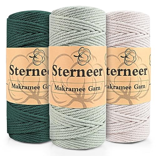 Makramee Garn 3mm x 300m, Sterneer 3 Stuck Baumwollgarn Kordel, DREI Farben, DIY Makramee Kordel, für Blumenampel, Deko, Vorhang, Türvorhang, Vorhang Tür(Hellgrün + Dunkelgrün + Weiß von Sterneer