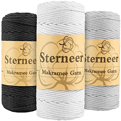 Makramee Garn 3mm x 300m, Sterneer 3 Stuck Baumwollgarn Kordel, DREI Farben, DIY Makramee Kordel, für Blumenampel, Deko, Vorhang, Türvorhang, Vorhang Tür (A) von Sterneer