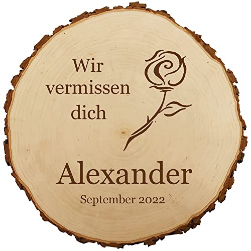 Baumscheibe 18cm mit Gravur (Namen, Datum) personalisierte Holz-Gedenktafel, Grabschmuck, Trauer Gedenkschild, Andenken an Verstorbene, Grab-Dekoration, Rose MotivTR7 von Sterngraf