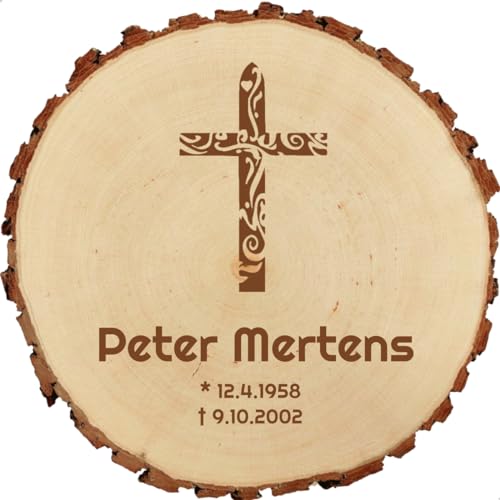 Baumscheibe 23cm mit Gravur (Namen) personalisierte Holz-Gedenkplatte Grabschmuck Gedenken Trauer Andenken Straßenkreuz Grab-Dekoration MotivTR12 Kreuz von Sterngraf