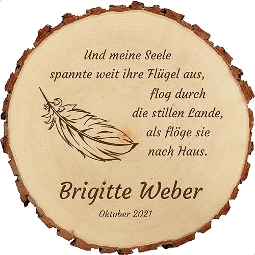 Baumscheibe 23cm mit Gravur (Namen Datum) personalisierte Holz-Gedenkplatte Grabschmuck Trauer-Gedenktafel Andenken an Verstorbene Grab-Dekoration, Feder MotivTR9 von Sterngraf