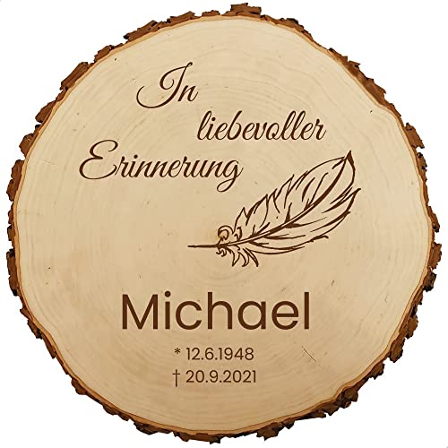 Baumscheibe 30cm mit Gravur (Namen, Datum) personalisierte Holz-Gedenktafel, Grabschmuck, Trauer Gedenkschild, Andenken an Verstorbene, Grab-Dekoration, Feder MotivTR4 von Sterngraf