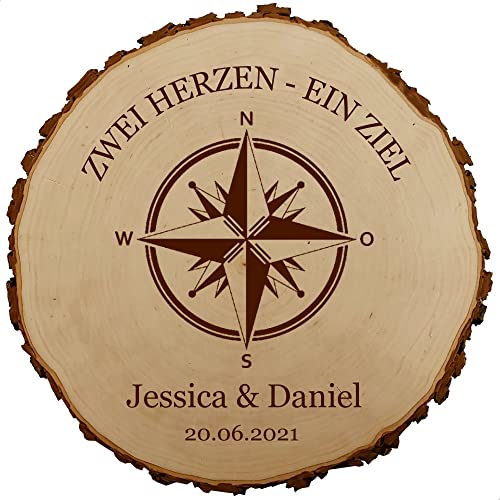 Baumscheibe 30cm mit Gravur (Namen, Datum) personalisierte Holz-Scheibe mit Kompass, Hochzeitsgeschenke Geschenkidee Jubiläum Hochzeitsdeko, MotivH1 von Sterngraf