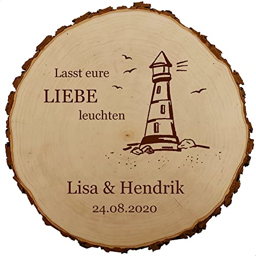 Baumscheibe 30cm mit Gravur (Namen, Datum) personalisierte Holz-Scheibe mit Leuchtturm, Hochzeitsgeschenke Geschenkidee Jubiläum Hochzeitsdeko, MotivH2 von Sterngraf