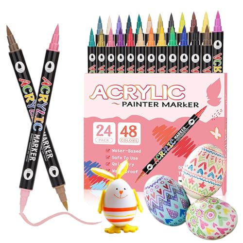 48 Farben Acrylstifte Set, 24 Acrylstifte für Steine wasserfest mit Doppelspitze, Stifte zum Steine Bemalen Acrylmarker Paint Marker Acrylic Stifte für Ostereier Bemalen Eier Glas Holz Papier Stifte von Sternhell