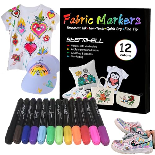 Sternhell 12Farben Textilfarbe Textilmarker Waschmaschinenfest Textilstifte Waschfest Stoffmalstifte, Textilmalstifte Stofffarbe, für T-shirt, Stoffbeutel, Segeltuchschuhe, Einkaufstasche, hellen Stof von Sternhell