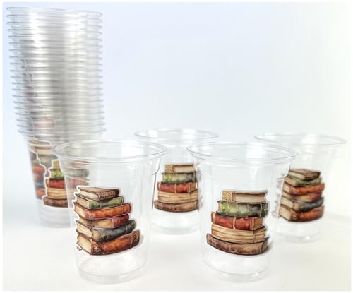Partybecher mit Buchmotiven, 340 ml, transparenter Kunststoff, 24 Stück, Vintage-Design von Stesha Party
