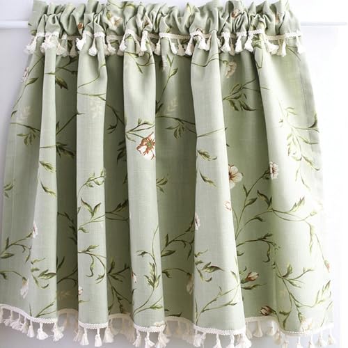 Stfery Küchengardine Modern Leinenoptik Floralen Muster mit Quaste Grün Blickdichte Vorhänge mit Kräuselband, 130x70cm x 1pcs, Kurzgardinen Fenstervorhang Wohnzimmer von Stfery