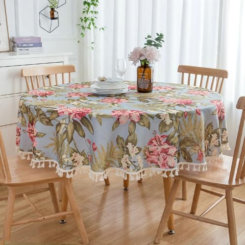Stfery Rund Tischdecke 120 Blau Grün Rosa Wasserabweisend Tischdecke Polyester Blumen Und Blätter Mit Quasten Tischtuch Unterlage rutschfest Dauerhaft für Wohnzimmer von Stfery