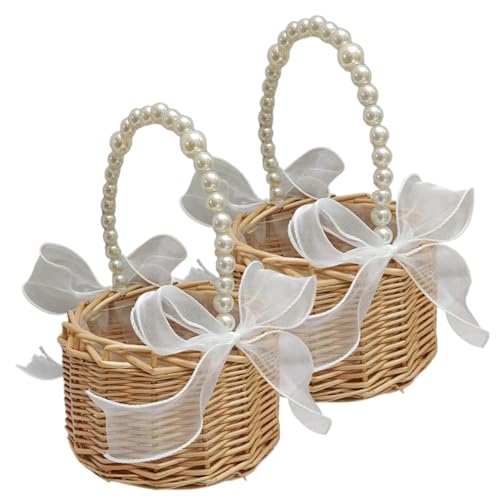 Blumenmädchenkorb Set aus 2 Rattan Blumenkorb mit Perlengriff und Bug dekorative Mädchenkörbe für Hochzeiten Zeremonie, Style1, 2, Bas Blumenmädchenkorb Set aus 2 Rattan Blumenkorb mit Perlengriff und Bug dekorative Mädchenkörbe für Hochzeiten Zeremonie, Style1, 2, Bas von Stibzeup