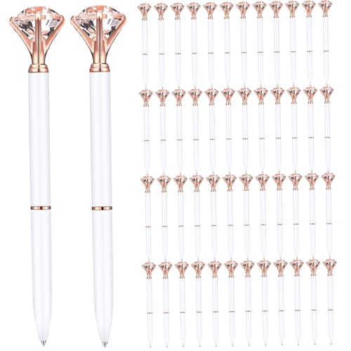 Kugelschreiber schwarze Tinte 50pcs Fine Tipp Diamond Stifte Weiß und Roségold 5, 5 Länge Fancy Stift für Frauen abnehmbarer einfacher Nachfüllstallpunkt für Schule, Büro, Business Diamond, Metal Ball von Stibzeup