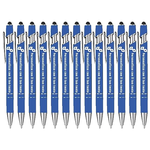 StickerLab Kugelschreiber Touch aus Aluminium, personalisierbar, hergestellt in Italien. UV-Digitaldruck des Logos und personalisierten Textes (blau) von StickerLab
