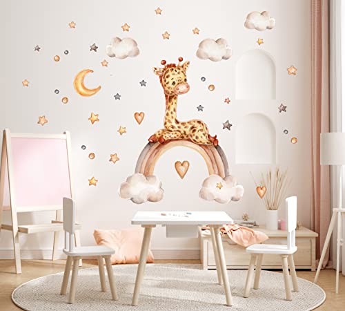 Giraffe auf dem Regenbogen mit Herz Sterne wolken Aquarell Wandtattoo für Kinderzimmer Babyzimmer Aufkleber Wandsticker K2028 (130cm(B) x90cm(H)) von AYMINOO