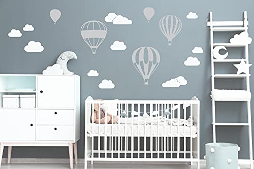 Heißluftballon mit WOLKEN SET 20 teilig Vinyl Wandtattoo Wandaufkleber Sticker Aufkleber Wand Himmel Baby (Hellgrau) von StickerMarket