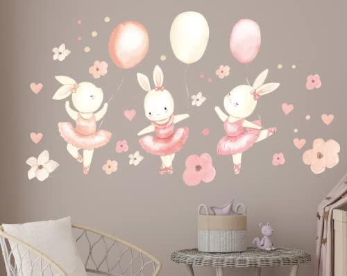 Süsse Ballerina Hasen mit Balloons Blumen Herze Beige Rosa Aquarell Wandtattoo für Kinderzimmer Aufkleber Wandsticker Mädchen K1810 (60cm(B) x85cm(H)) von StickerMarket