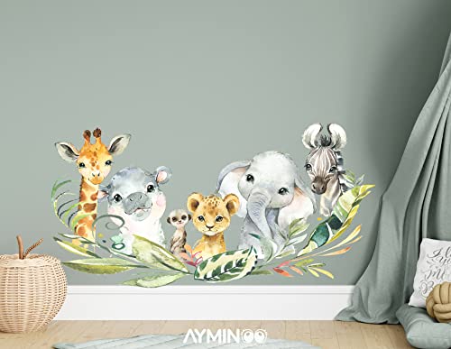 Wandtattoo Kinderzimmer Wilde süße Tiere Safari Tropische Babyzimmer Wandaufkleber Kinderzimmer Aquarell Jungle K1805 (85cm(B) x 120cm(H)) von StickerMarket