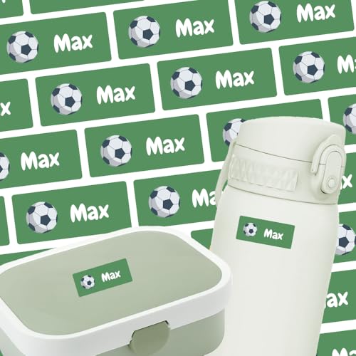 Namensaufkleber für Flasche & Brotdose (250 Sticker) – Aufkleber mit Name und Fußball für Brotdosen oder Flaschen – Ideal für Schule und Kindergarten – Wasserfest, Spülmaschinenfest, 30 x 13 mm von Stickeria