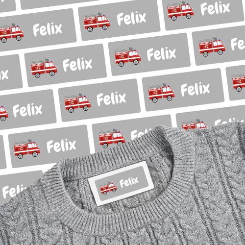 Namensaufkleber für Klamotten & Textilien (81 Sticker) – Aufkleber mit Name und Feuerwehr für Shirts oder Hosen – Ideal für Schule und Kindergarten – Wasserfest, Spülmaschinenfest, 30 x 13 mm von Stickeria