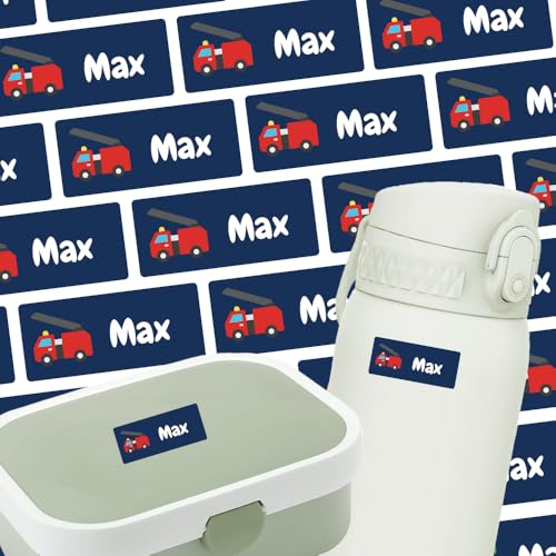 Namensschilder für Brotdose, Trinkflasche & Mehr (250 Aufkleber) – Spülmaschinenfeste Namensetiketten mit Feuerwehr Motiv – Personalisierte Sticker mit Motiv – Waschfest – 30 x 13 mm von Stickeria