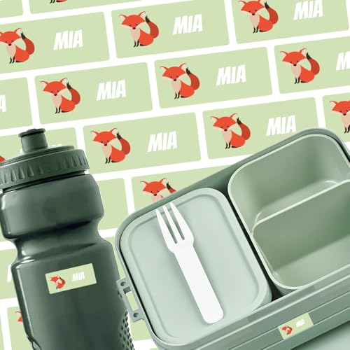 Namensschilder für Brotdose, Trinkflasche & Mehr (35 Aufkleber) – Spülmaschinenfeste Namensetiketten mit Fuchs Motiv – Personalisierte Sticker mit Motiv – Waschfest – 30 x 13 mm von Stickeria