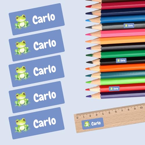 Namensschilder für Lineal, Kugelschreiber & Mehr (125 Aufkleber) – Spülmaschinenfeste Namensetiketten mit Frosch Motiv – Personalisierte Sticker mit Motiv – Waschfest – 30 x 13 mm von Stickeria