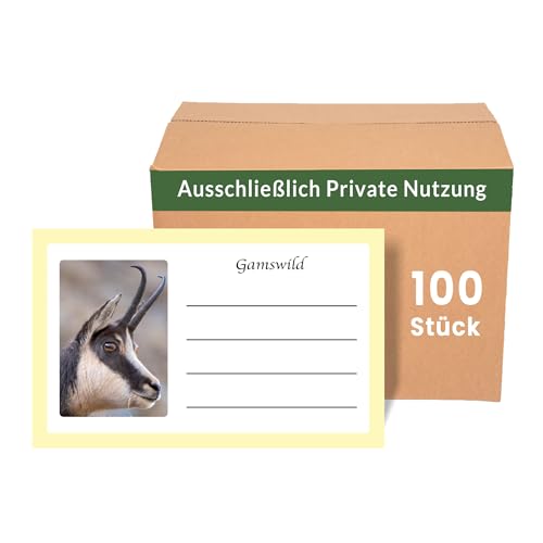 Wildbret Etiketten für Gamswild - Wildaufkleber für Privatjäger zur einfachen Wildkennzeichnung, 85x50mm, Jagdaufkleber, Wildfleisch Wildverkauf, Jägerbedarf (Gamswild, 100 Stück) von Stickerla