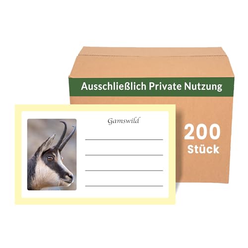 Wildbret Etiketten für Gamswild - Wildaufkleber für Privatjäger zur einfachen Wildkennzeichnung, 85x50mm, Jagdaufkleber, Wildfleisch Wildverkauf, Jägerbedarf (Gamswild, 200 Stück) von Stickerla