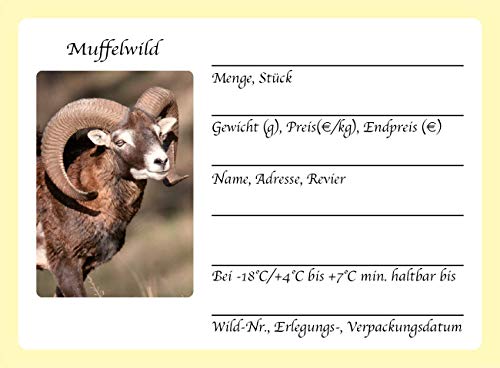 Wildbret Etiketten für Muffelwild 100 Stück, Wildaufkleber für den gewerblichen Wildverkauf zur einfachen Wildkennzeichnung, 10x7cm, Jagdaufkleber, Jägerbedarf (Muffelwild Gewerblich 100 Stück) von Stickerla