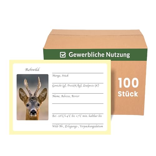 Wildbret Etiketten für Rehwild 100 Stück, Wildaufkleber für den gewerblichen Wildverkauf zur einfachen Wildkennzeichnung, 10x7cm, Jagdaufkleber, Jägerbedarf (Rehwild Gewerblich 100 Stück) von Stickerla