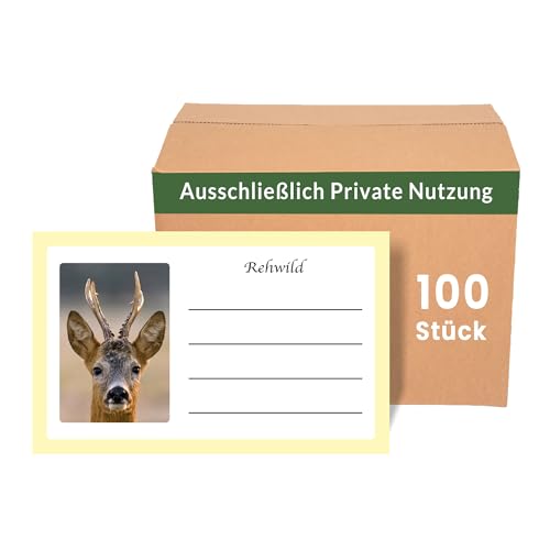 Wildbret Etiketten für Rehwild 100 Stück - Wildaufkleber für Privatjäger zur einfachen Wildkennzeichnung, 85x50mm, Jagdaufkleber, Wildfleisch Wildverkauf, Jägerbedarf (Rehwild Privat 100 Stück) von Stickerla
