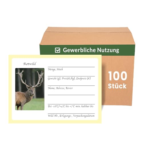 Wildbret Etiketten für Rotwild 100 Stück, Wildaufkleber für den gewerblichen Wildverkauf zur einfachen Wildkennzeichnung, 10x7cm, Jagdaufkleber, Jägerbedarf (Rotwild Gewerblich 100 Stück) von Stickerla