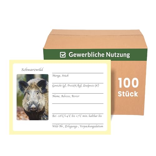 Wildbret Etiketten für Schwarzwild 100 Stück, Wildaufkleber für den gewerblichen Wildverkauf zur einfachen Wildkennzeichnung, 10x7cm, Jagdaufkleber, Jägerbedarf (Schwarzwild Gewerblich 100 Stück) von Stickerla