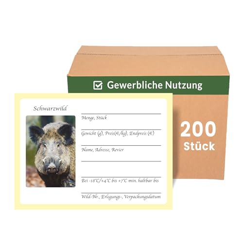 Wildbret Etiketten für Schwarzwild 200 Stück, Wildaufkleber für den gewerblichen Wildverkauf zur einfachen Wildkennzeichnung, 10x7cm, Jagdaufkleber, Jägerbedarf (Schwarzwild Gewerblich 200 Stück) von Stickerla
