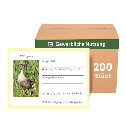 Wildbret Etiketten für Wildgans 200 Stück, Wildaufkleber für den gewerblichen Wildverkauf zur einfachen Wildkennzeichnung, 10x7cm, Jagdaufkleber, Jägerbedarf (Wildgans Gewerblich 200 Stück) von Stickerla