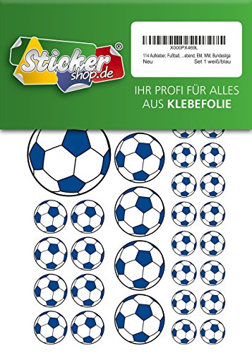 114 Aufkleber, Fußball, Sticker, 15-50 mm, weiß/blau, aus PVC, Folie, bedruckt, selbstklebend, EM, WM, Bundesliga von Stickershop Fußball Aufkleber