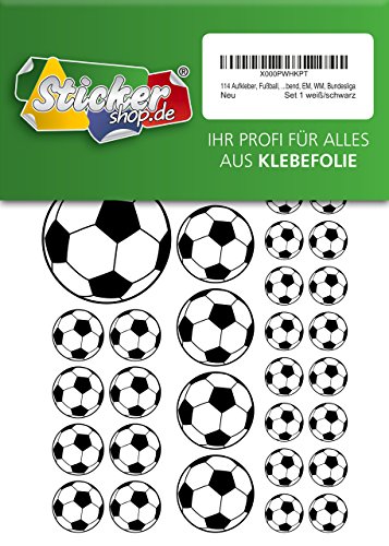 114 Aufkleber, Fußball, Sticker, 15-50 mm, weiß/schwarz, aus PVC, Folie, bedruckt, selbstklebend, EM, WM, Bundesliga von Stickershop Fußball Aufkleber