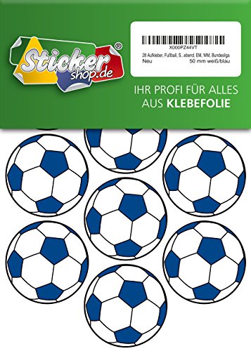 28 Aufkleber, Fußball, Sticker, 50 mm, weiß/blau, aus PVC, Folie, bedruckt, selbstklebend, EM, WM, Bundesliga von Stickershop Fußball Aufkleber