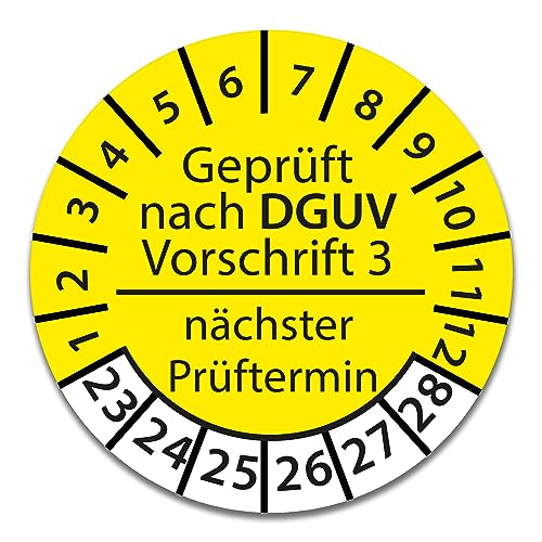 Prüfplakette DGUV V3 Nächster Prüftermin E-Check Elektro - 2023-2028 - Wasserfest/UV-Schutz - 30mm Plakette für Tritte Leitern Feuerlöscher Maschinen (DGUV V3 - Gelb, 1.000 Stk.) von Stickerworld24