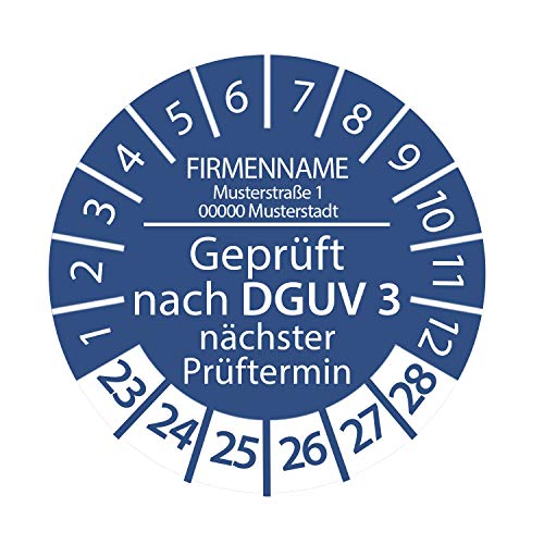 Prüfplakette DGUV Vorschrift 3 mit Firmennamen 2023-2028 ca. Ø 2-3 cm Blau Geprüft nach DGUV Größe 250 Stück, Farbe Ø 3 cm von Stickerworld24