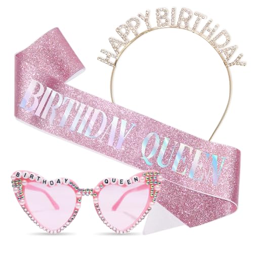 Birthday Queen Zubehör Kit, Geburtstag Glitzer Rosa Schärpe mit Herz Perle Sonnenbrille und Funkelndem Kristall Stirnband, Happy Birthday Party Zubehör für Mädchen Frauen Kostüm Dekoration (Style-02) Birthday Queen Zubehör Kit, Geburtstag Glitzer Rosa Schärpe mit Herz Perle Sonnenbrille und Funkelndem Kristall Stirnband, Happy Birthday Party Zubehör für Mädchen Frauen Kostüm Dekoration (Style-02) von Stiedey