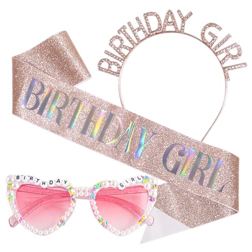 Geburtstag Mädchen Zubehör Kit, Geburtstag Glitzer Rosa Schärpe mit Herz Perle Sonnenbrille und Funkelndem Kristall Stirnband, Happy Birthday Party Zubehör für Mädchen Frauen Kostüm Dekoration (Style Geburtstag Mädchen Zubehör Kit, Geburtstag Glitzer Rosa Schärpe mit Herz Perle Sonnenbrille und Funkelndem Kristall Stirnband, Happy Birthday Party Zubehör für Mädchen Frauen Kostüm Dekoration (Style von Stiedey