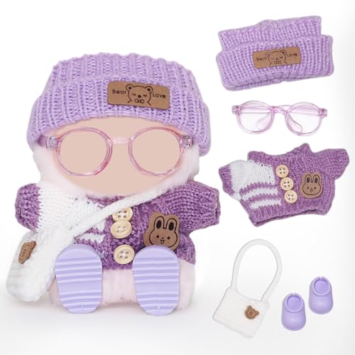 Puppenkleidungszubehör für 17 cm große Puppen, inklusive Strickmütze, Pullover, Tasche, Brille, Schuhe, niedliches Puppen-Outfit für 17 cm große Puppe (keine Puppe) (lila) von Stiedey