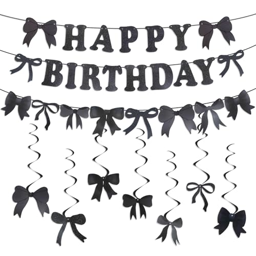 Schwarze Happy Birthday Dekorationen, schwarze Schleife Banner Kokette Girlande Banner hängende Wirbel, Schleife Geburtstag Party Dekoration für Kinder Mädchen Jungen Baby Shower Party Supplies Schwarze Happy Birthday Dekorationen, schwarze Schleife Banner Kokette Girlande Banner hängende Wirbel, Schleife Geburtstag Party Dekoration für Kinder Mädchen Jungen Baby Shower Party Supplies von Stiedey