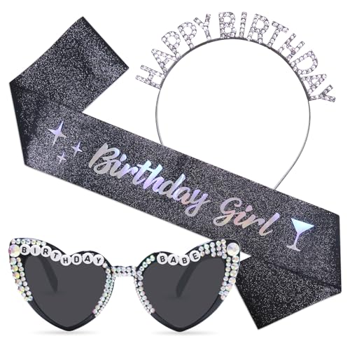 Stiedey Geburtstag Mädchen Zubehör Kit, Geburtstag Glitzer Schwarz Schärpe mit Herz Perle Sonnenbrille und Funkelnden Kristall Stirnband, Happy Birthday Party Zubehör für Mädchen Frauen Kostüm von Stiedey